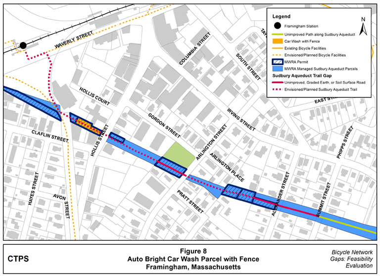 Figure 8 – Map illustrating where the Auto Bright Car Wash parcel, which has an MWRA permit, is located. There is a fence at the back of the parcel which blocks the proposed route of the Sudbury Aqueduct Trail for bicyclists and pedestrians. Figure 8 – Map illustrating where the Auto Bright Car Wash parcel, which has an MWRA permit, is located. There is a fence at the back of the parcel which blocks the proposed route of the Sudbury Aqueduct Trail for bicyclists and pedestrians.